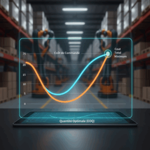 Graphique illustrant l'application de la formule de Wilson pour trouver la quantité optimale de commande et optimiser la gestion des stocks.